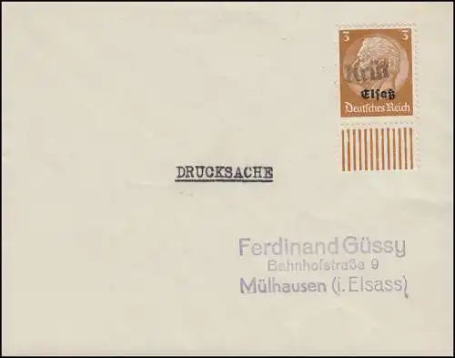 Elsass 1 Hindenburg 3 Pf mit Aufdruck auf Drucksache mit Landpost-Stempel Krüt