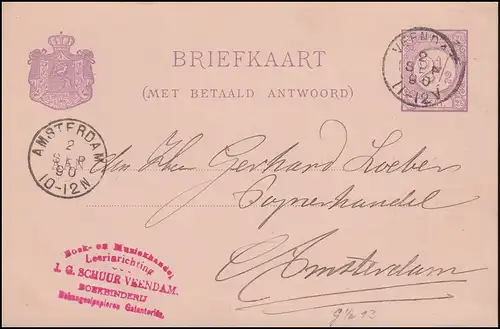 Niederlande P 14F Ziffer im Kreis von VEENDAM 2.9.1890 nach AMSTERDAM 2.9.90
