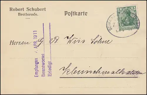 Bahnpost SCHMALKALDEN-BROTTERODE 6.4.1911, Postkarte nach Kleinschmalkalden