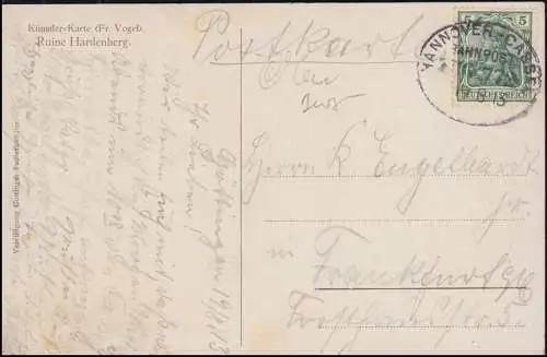 Poste ferroviaire HANNOVER-CASSEL ZUG 772 - 19.8.1913 sur AK Ruine Hardenberg