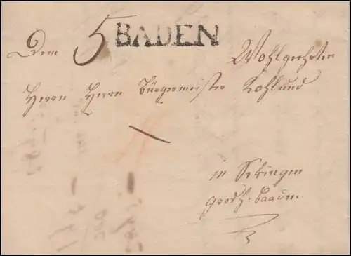 Baden Vorphilatelie Faltbrief Einzeiler BADEN an einen Bürgermeister, 1830