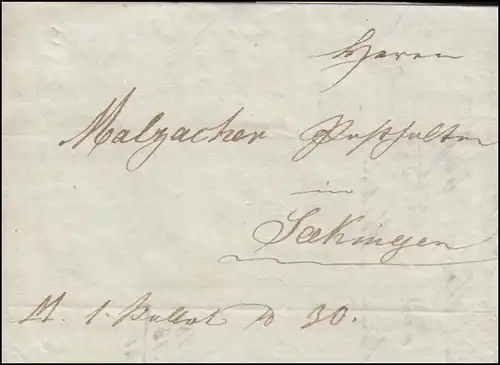 Baden Vorphilatelie facture A. Braun 1833 au porte-poste maltacher Seckingen