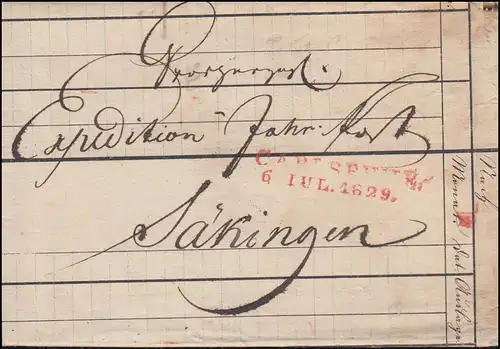 Baden Vorphilatelie Faltbrief Zweizeiler CARLSRUHE 6.7.1829 nach Säkingen