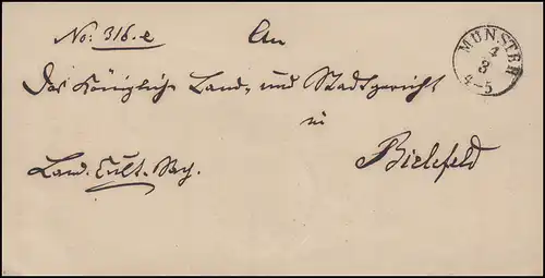 Preußen Briefhülle Einkreisstempel MÜNSTER 4.3. nach BIELEFELD 5.3., um 1865