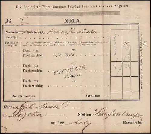 Baden Verein Deutscher Eisenbahn-Verwaltungen Frachtbrief Staufen 24.3.1858