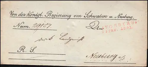 Bayern Vorphilatelie Briefhülle Rayon-Stempel AUGSBURG 23.9.1841 nach Neuburg