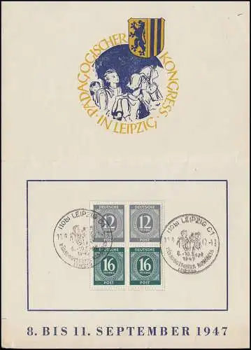 Carte pliante Congrès pédagogique de Leipzig avec deux S 294 SSt LEIPZIG 10.9.1947