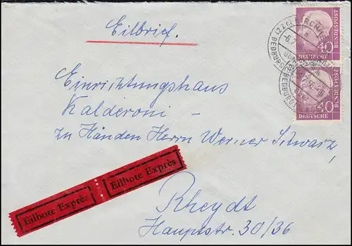 Bahnpost DÜSSELDORF-DÜREN ZUG 1843 - 6.7.56 Eil-Bf. 188x MeF KIRCHHERTEN 6.7.56