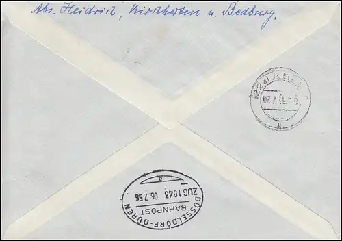 Bahnpost DÜSSELDORF-DÜREN ZUG 1843 - 6.7.56 Eil-Bf. 188x MeF KIRCHHERTEN 6.7.56