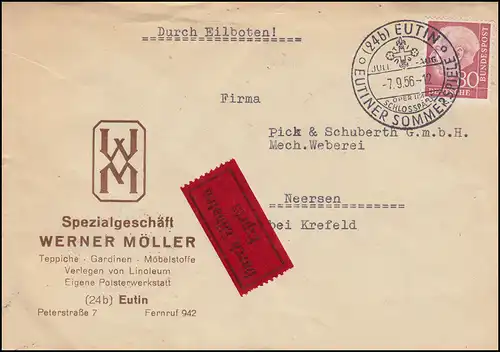 Bahnpost Hamburg-Lübeck und Duisburg-M.Gladbach Eil-Bf.192x EF SSt EUTIN 7.9.56