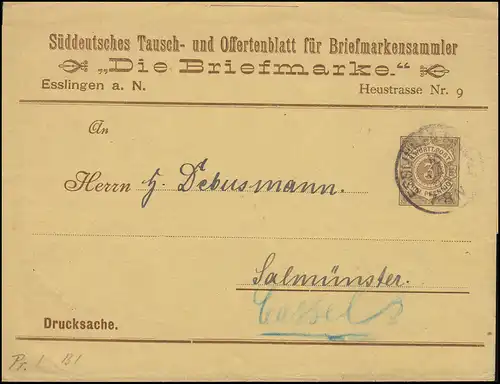 Württemberg PS 2 chiffre 3 pf. marron Objet imprimé Le timbre ESSLINGEN 16.1.95