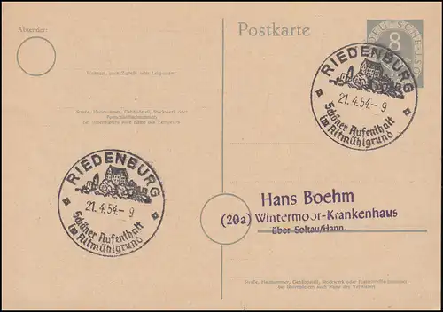 Postkarte P 11II Posthorn 8 Pf SSt RIEDENBURG Aufenthalt im Altmühlgrund 21.4.54
