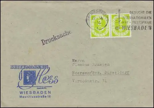 123 Posthorn en couple comme MeF sur l'impression Timbres Hess WIESDADEN 27.4.54