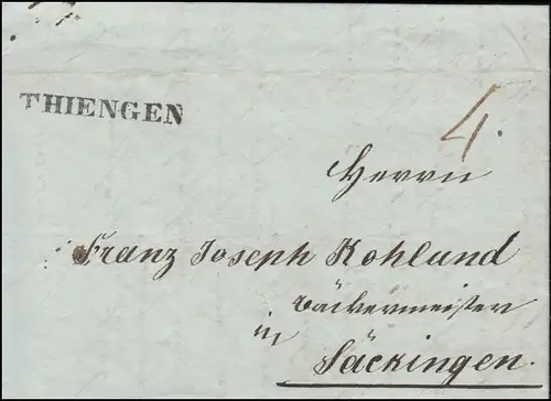 Baden Faltbrief Einzeiler THIENGEN nach Säckingen, geschrieben 12.12.1840