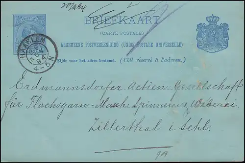 Pays-Bas Affaire entière P 20 Wilhelmine 5 C. von HAARLEM 29.11.94 ins Zillerthal