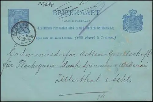 Pays-Bas Affaire entière P 20 Wilhelmine 5 C. von HAARLEM 29.11.94 ins Zillerthal