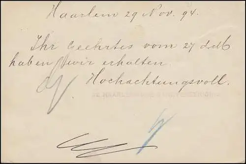 Pays-Bas Affaire entière P 20 Wilhelmine 5 C. von HAARLEM 29.11.94 ins Zillerthal