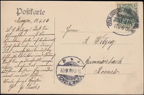 Poste ferroviaire CÖLN - FRANKFURT ZUG 118 - 17.6.1906 sur AK Château Klopp à Bingen