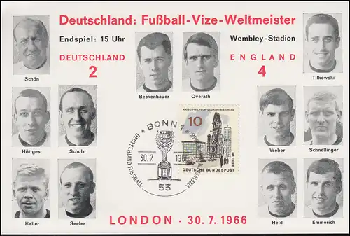 AK Deutschland Fußball-Vize-Weltmeister 1966 passender SSt. BONN Pokal 30.7.66
