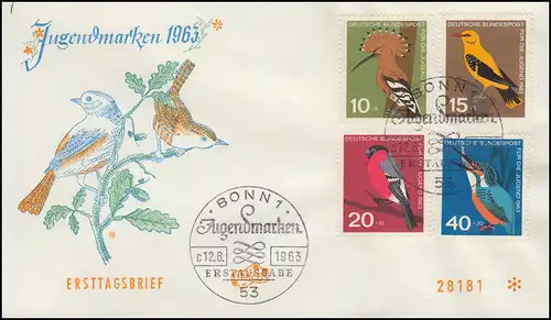 401-404 Jugend Einheimische Vögel 1963: Satz auf 2 FIDACOS-FDC ESSt BONN 12.6.63