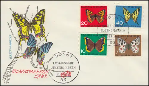 376-379 Jugend Schmetterlinge 1962 Satz auf FIDACOS-FDC ESSt BONN 25.5.62
