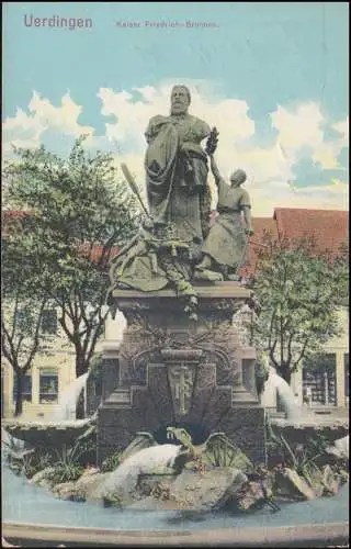 Bahnpost DORTMUND-M.GLADBACH ZUG 285 auf AK Uerdingen Kaiser-Friedrich-Brunnen