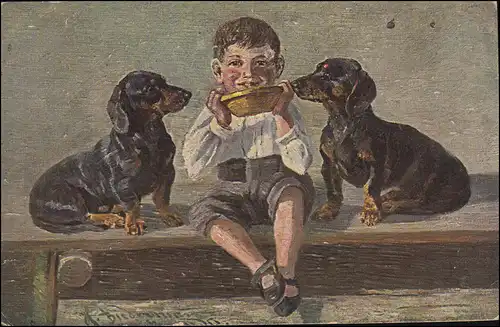 AK Gute Kameraden - Junge mit zwei Hunden, Feldpostkarte ELBERFELD 29.10.18