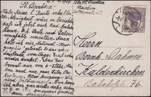 Carte de vue Herm. Graf: Dimanche-Morgen, AACHEN 9.11.1919 vers Kaldenkirchen
