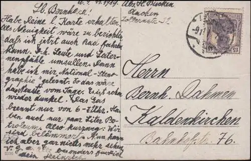 Carte de vue Herm. Graf: Dimanche-Morgen, AACHEN 9.11.1919 vers Kaldenkirchen