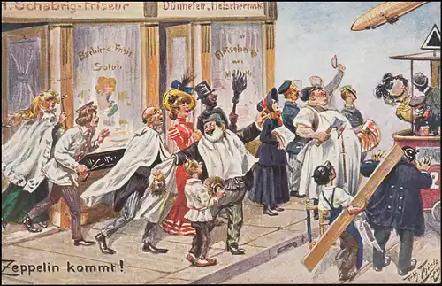 Carte d'humour Arthur Thiele: Zeppelin arrive ! CREFELD 9.9.1909 à Breyell