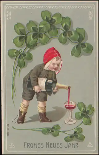 Präge-Ansichtskarte Frohes Neues Jahr Wein Kleeblatt, BREYELL 21.12.1909
