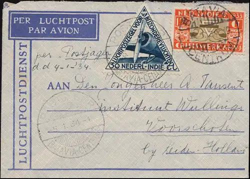 KLM-Flugpost Postjager/Batavia 5.1.34 nach Leiden Brief 195+198 BATAVIA 4.1.1934