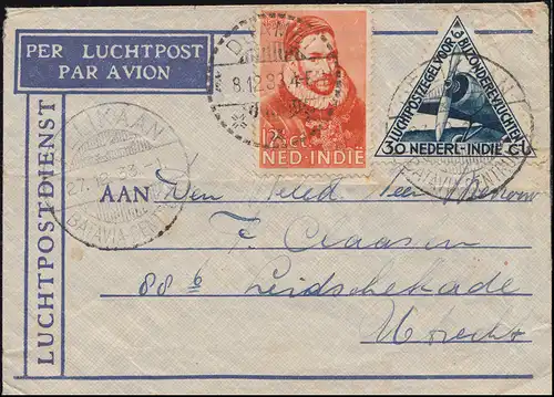 KLM-Flugpost PELIKAN/Batavia 27.12. nach Utrecht Brief 193+195 DJAMBI 28.12.33