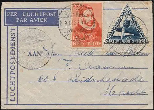 KLM-Flugpost PELIKAN/Batavia 27.12. nach Utrecht Brief 193+195 DJAMBI 28.12.33