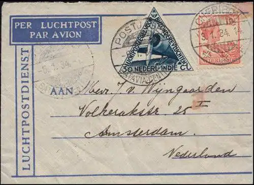 Aéroport de KLM Postjager/Batavia 5.1.34 vers Amsterdam Bf. 143+195 CHERIBON 3.1. 34