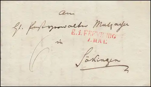 Baden Vorphilatelie Faltbrief R.1. FREYBURG 7.5.1839 nach Säckingen