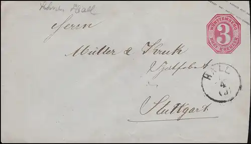 Württemberg Ganzsache U 20 von HALL 7.4. n. STUTTGART Einkreisstempel D2 - 8.4.