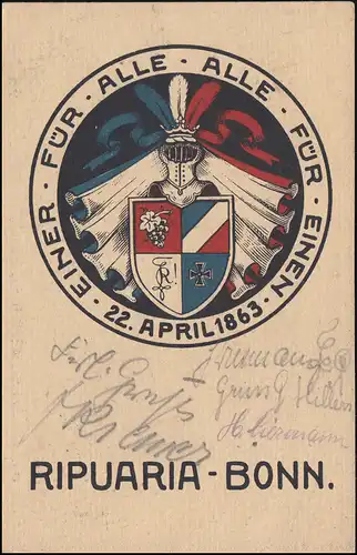 AK Studentenverbindung RIPUARIA-BONN Einer für alle ... 22. April 1863, um 1920