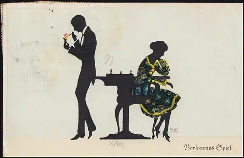 Fasto-Silhouetten-Ansichtskarte Liebesspiel Verlorenes Spiel, KÖLN 31.5.1923