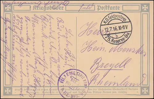 Kriegsbilder-Ansichtskarte Wieder daheim BS Sanitäts-Kompanie Feldpost 12.7.1916