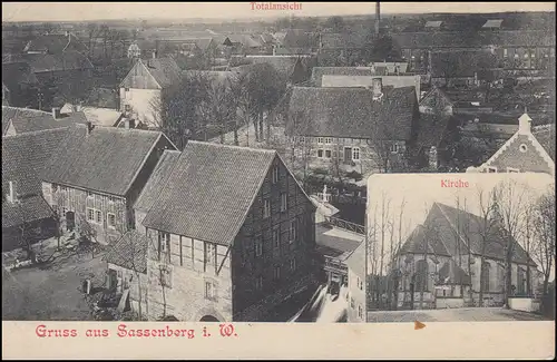 Ansichtskarte Gruss aus Sassenberg -Total und mit Kirche 3.2.1906