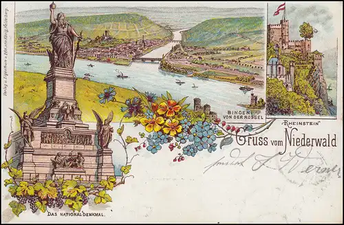 Ansichtskarte Gruss vom Niederwald Denkmal Bingen Rheinstein RÜDESHEIM 18.9.1897