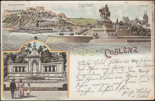 Ansichtskarte Gruss aus Coblenz mit 2 Ansichten, 30.8.1897 nach BREYELL 31.8.97
