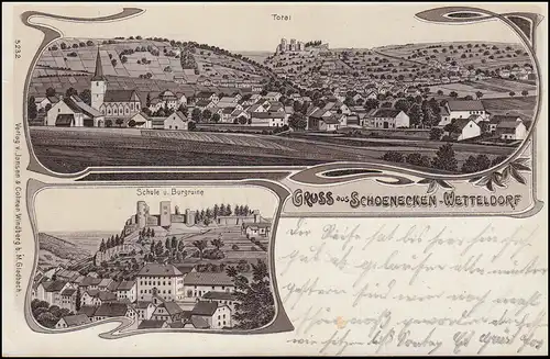 AK Gruss aus Schönecken-Wetteldorf Schule mit Burgruine und Total PRÜM 12.5.1910