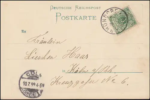 Ansichtskarte Gruss vom Rhein: Rhöndorf 10.7.1899 nach CÖLN 10.7.99