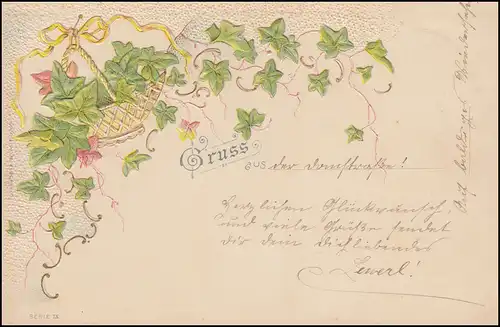 Präge-Ansichtskarte Gruss aus ... (Weinrebe im Korb), CÖLN 1.1.1899