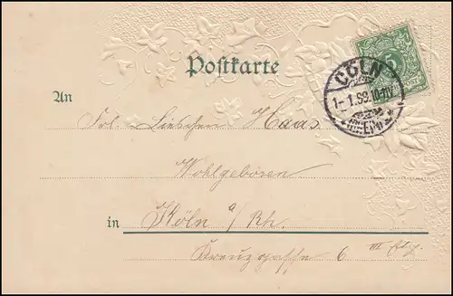 Präge-Ansichtskarte Gruss aus ... (Weinrebe im Korb), CÖLN 1.1.1899