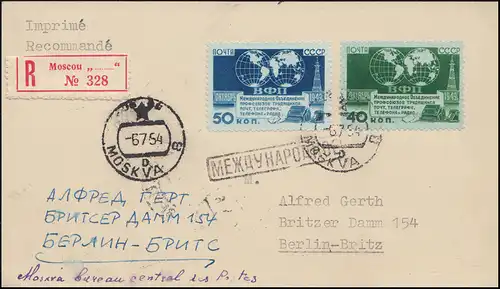 Sowjetunion 1459-1460 PTT-Kongress auf R-Postkarte MOSKAU 6.7.1954 nach Berlin