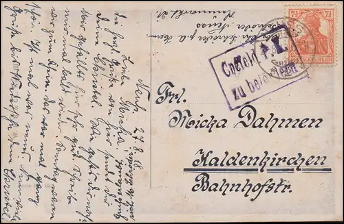 Zensur Crefeld P.K. Geprüft und zu befördern, AK Hans Zatzka, NEUSS 27.8.1918
