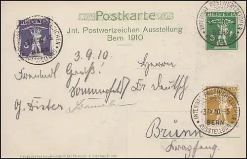 Schweiz Postwertzeichen-Ausstellung Bern 1910 Sonderganzsache SSt BERN 3.9.10